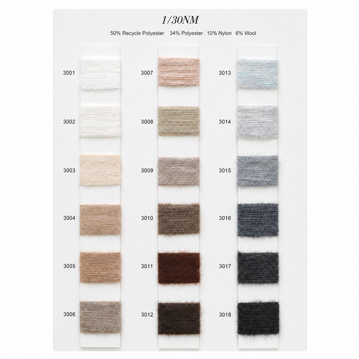 1/30 NM brushed yarn color card 3001 to 3018 with recycled polyester polyester nylon wool blend