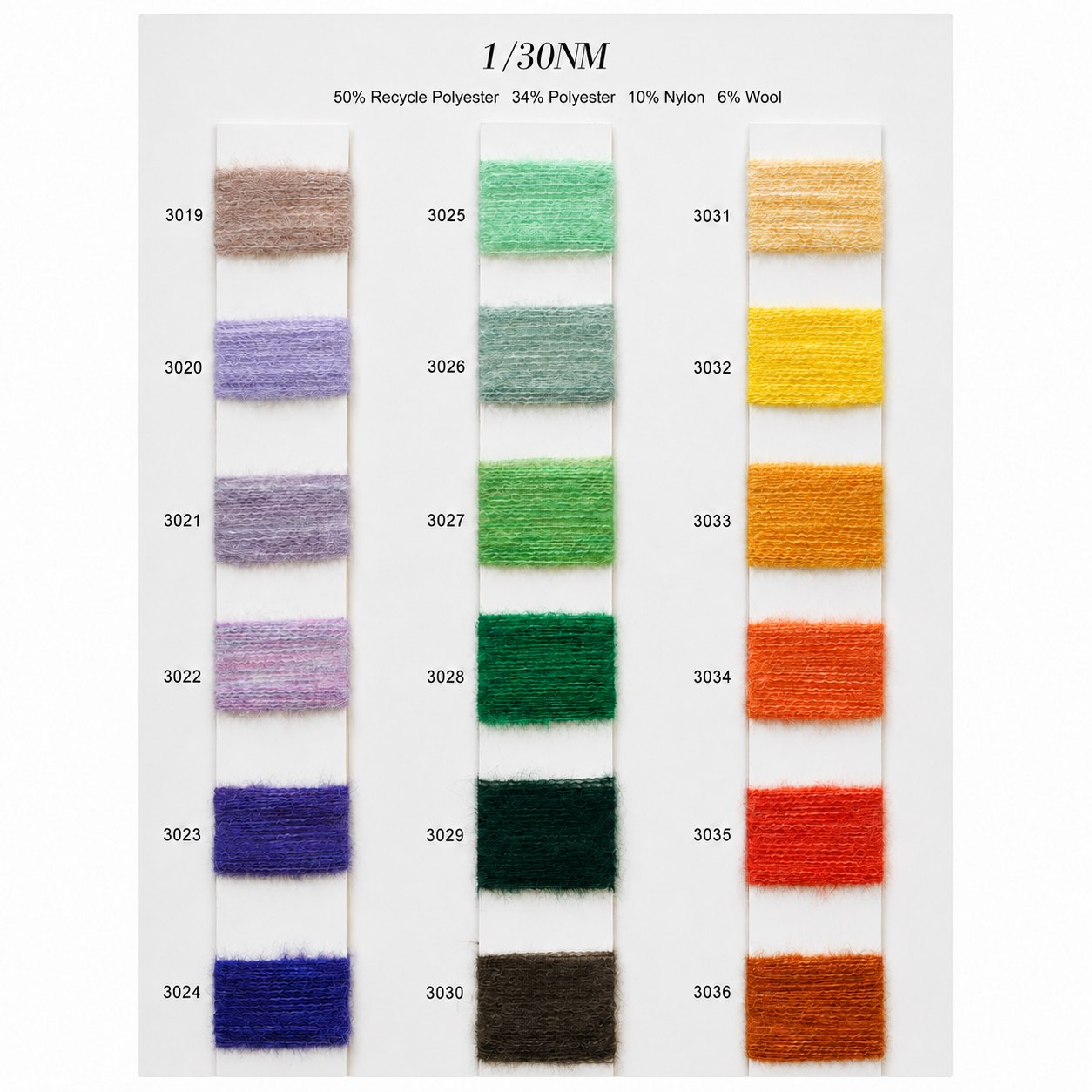 1/30 NM brushed yarn color card 3019 to 3036 with recycled polyester polyester nylon wool blend