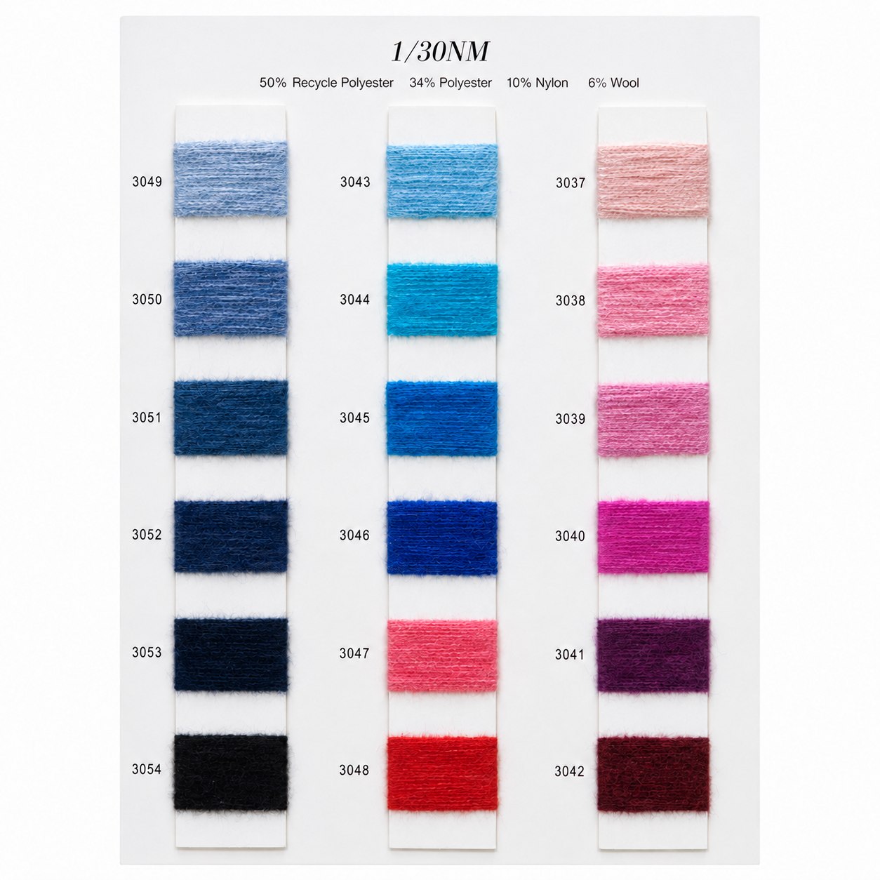 1/30 NM brushed yarn color card 3037 to 3054 with recycled polyester polyester nylon wool blend