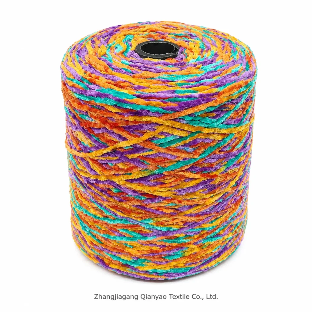 2.3 NM Chenille Yarn - Purple Orange Space Dyed product swatch by Qianyao Textile