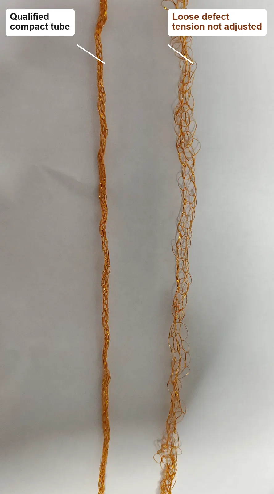 Qualified compact metallic lurex tape yarn compared with loose defective yarn caused by poor tension control